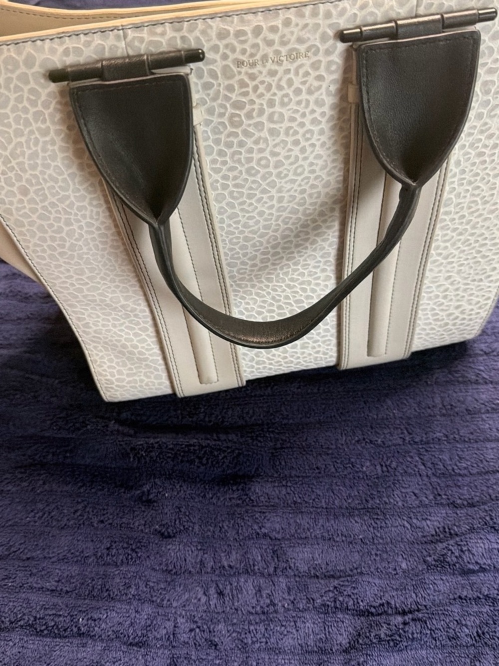 Pour La Victoire White Pebbled Tote with Black Handles and Trim